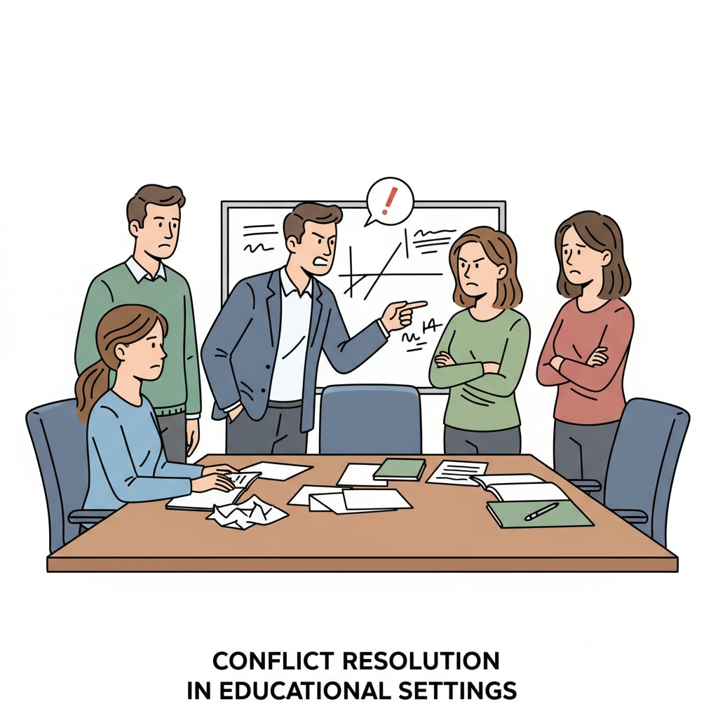 A group of teachers in a meeting room, showing signs of tension. The body language and facial expressions suggest a conflict situation. Teachers in conflict in the workplace environment with potential for management intervention.