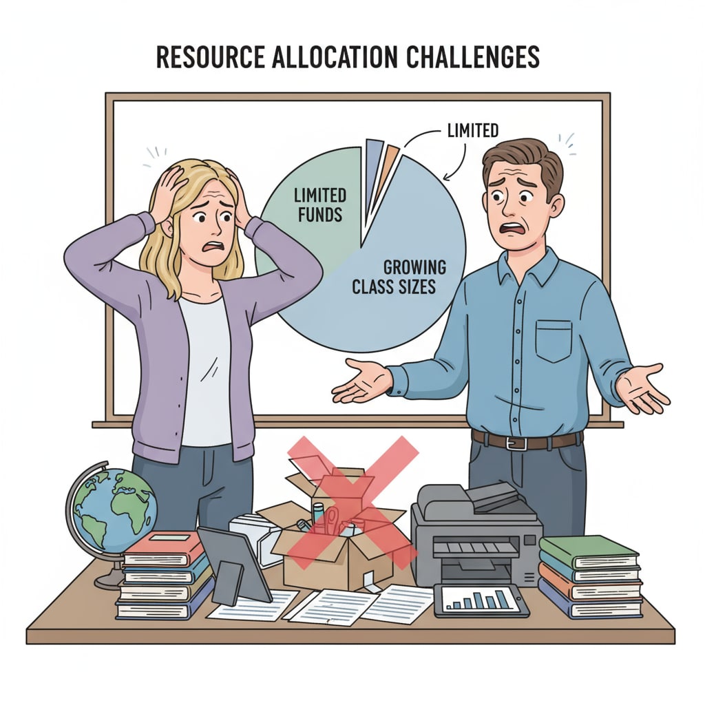 Two teachers discussing teaching materials with a worried expression, indicating a conflict related to resource access. Teachers facing conflict over teaching resources in the educational work environment with need for management intervention.