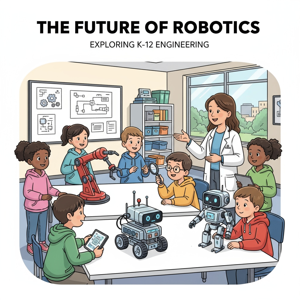 K12 students exploring robotics models in a classroom, related to robotics, computer science, study abroad, student loans