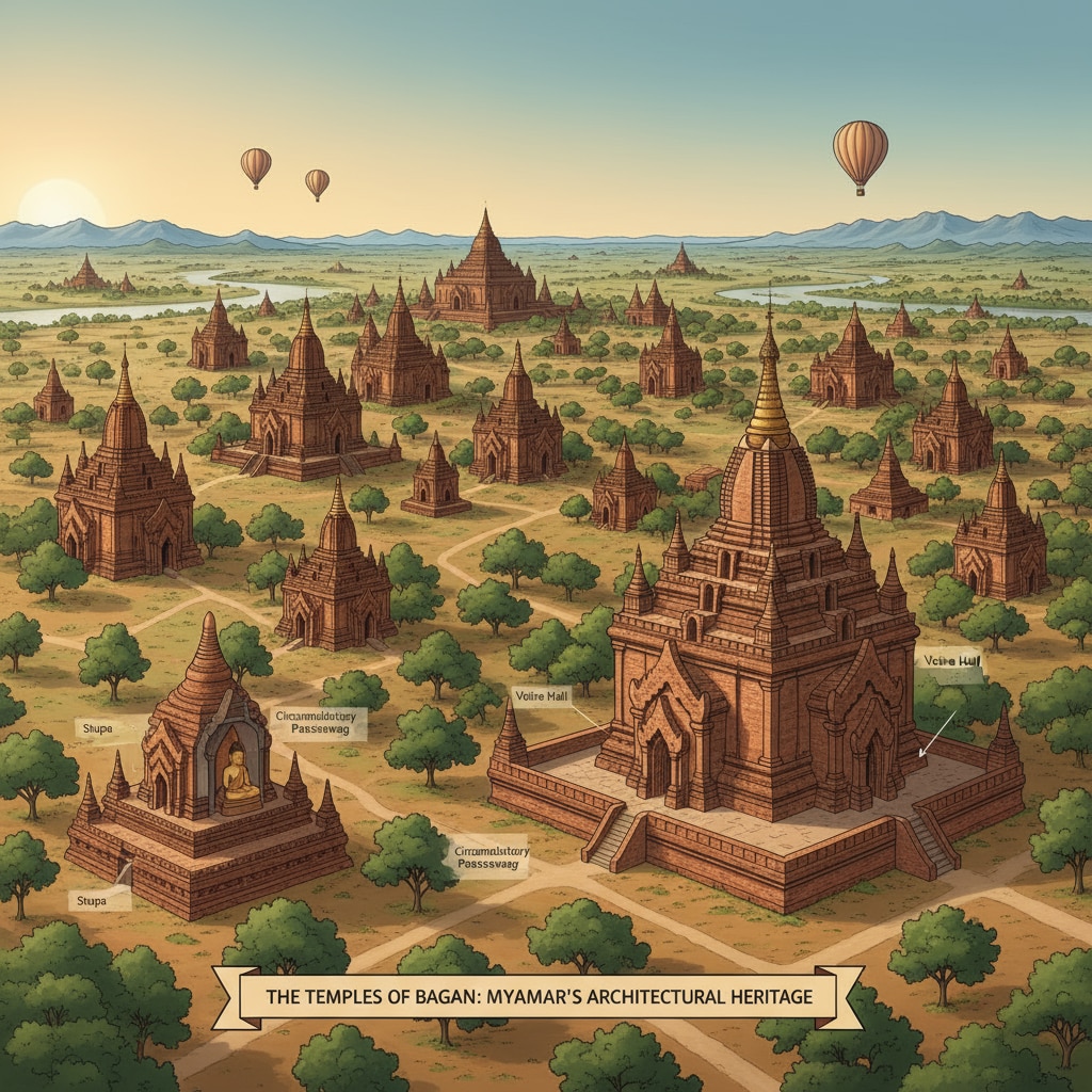 A panoramic view of Myanmar's ancient temples, which are an important part of its cultural heritage, showing the grandeur and uniqueness of the architecture. A panoramic view of Myanmar's ancient temples related to its cultural heritage for understanding international attention neglect.