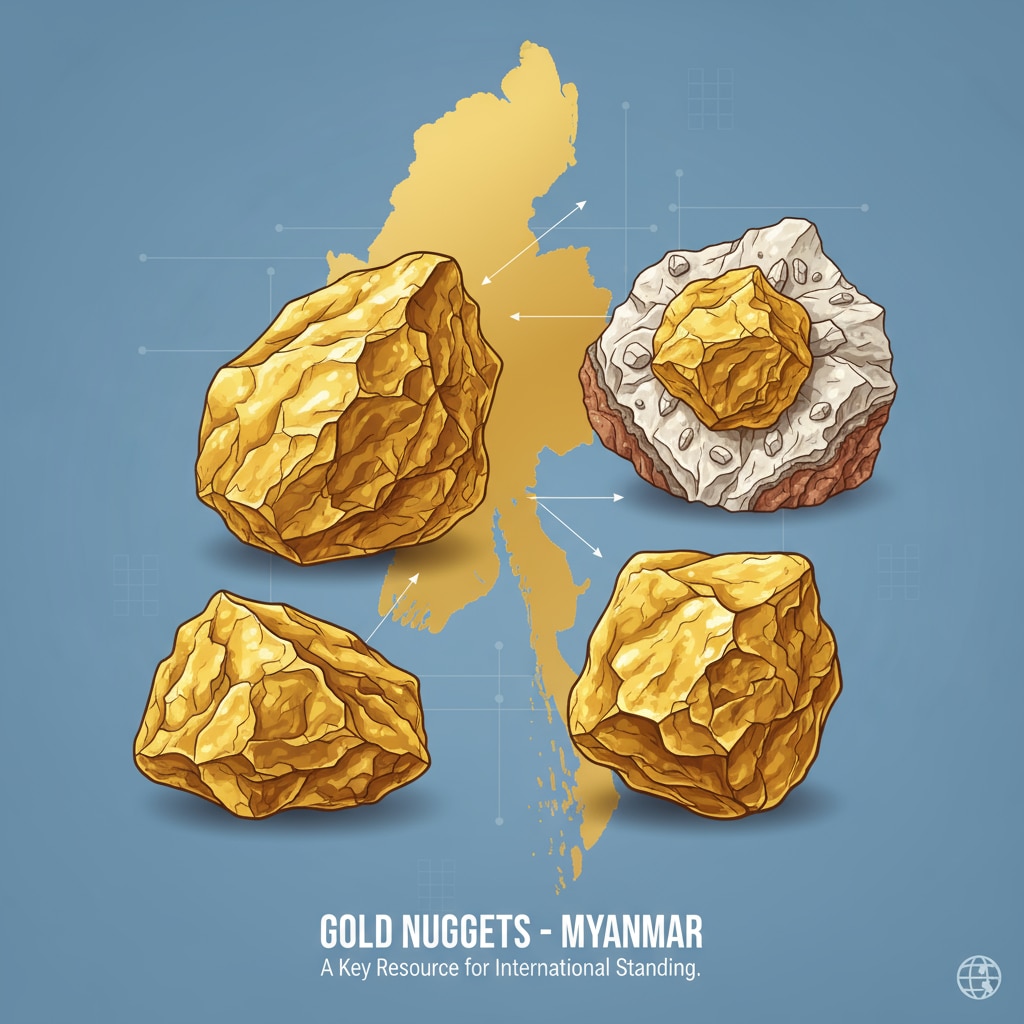 A close-up of gold nuggets found in Myanmar, highlighting the country's gold resources that play a role in its international standing. A close-up of Myanmar's gold nuggets relevant to international attention and cultural heritage context.