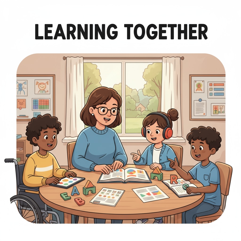 A group of students with special educational needs are sitting around a table, interacting with a tutor during a tutoring session. Students with special educational needs in a tutoring session for the special needs tutoring app