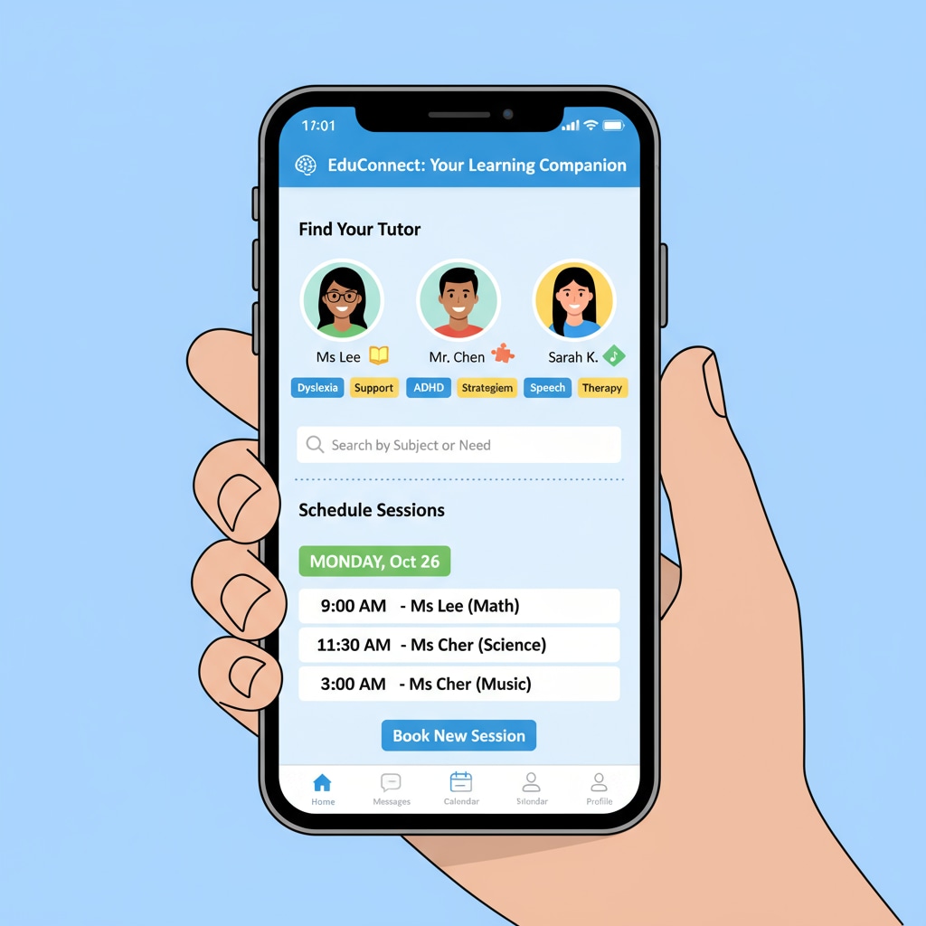 A mobile phone screen displays the interface of a tutoring app designed for students with special educational needs, showing features like tutor profiles and scheduling options. Interface of a tutoring app for special educational needs with user feedback features