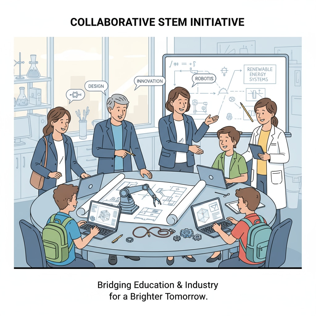 Students, teachers, and business representatives collaborating on a STEM project for curriculum development in partnership