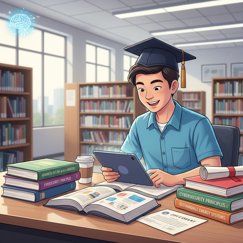 A student sitting at a desk, looking excited while reading books related to the new diploma courses. A student showing enthusiasm for learning in the new educational path of diploma courses, related to learning comprehension, ability mutation, and educational path selection