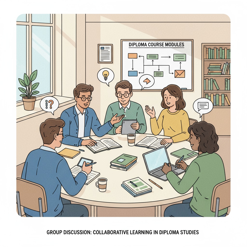 A classroom with students engaged in a group discussion during a diploma course. Students actively participating in a group discussion in a diploma course, which is related to the educational environment influencing learning comprehension, ability mutation, and educational path selection