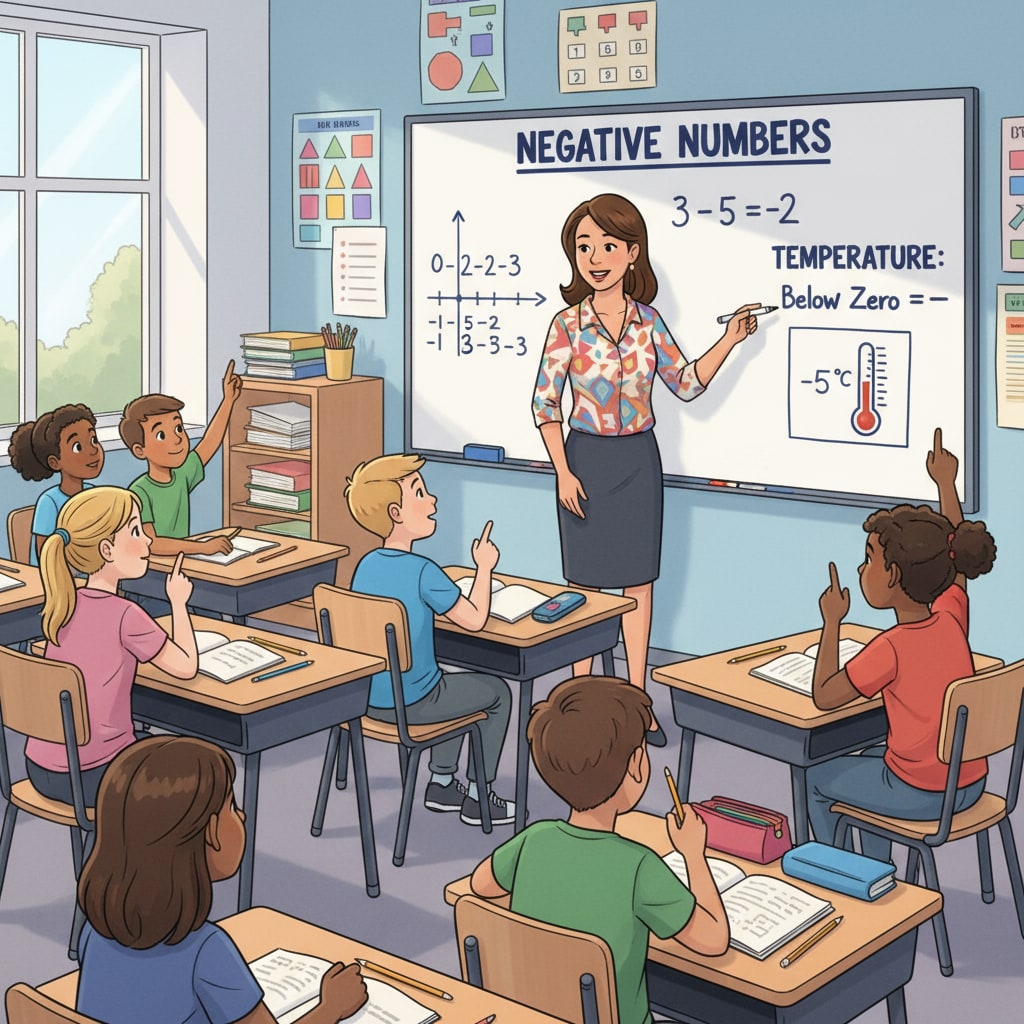A group of fourth graders attentively listening to a math teacher explaining negative numbers. The teacher is using a whiteboard with simple examples of negative numbers written on it. Fourth graders learning about negative numbers and demonstrating their mathematical comprehension abilities.