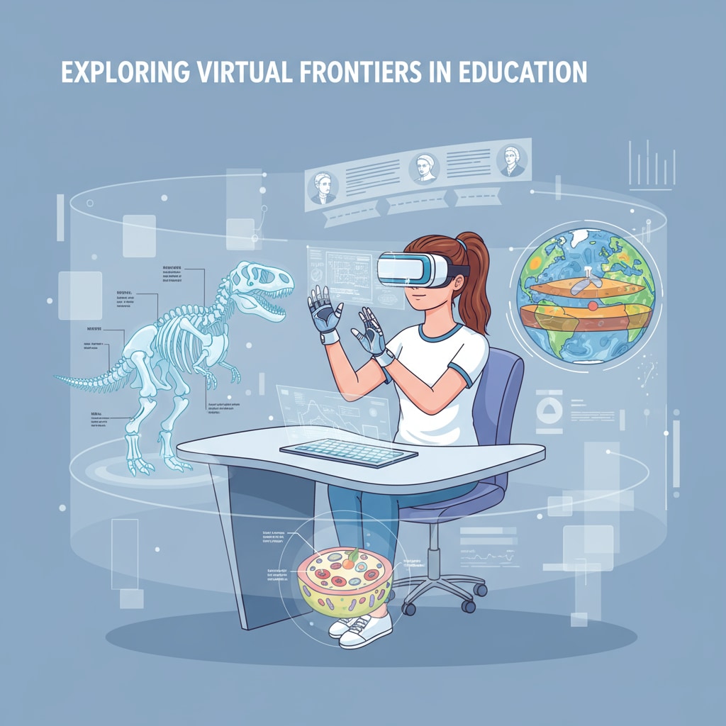 A student wearing VR headset exploring a virtual environment for educational purposes Educational technology tool - VR for enhanced classroom learning