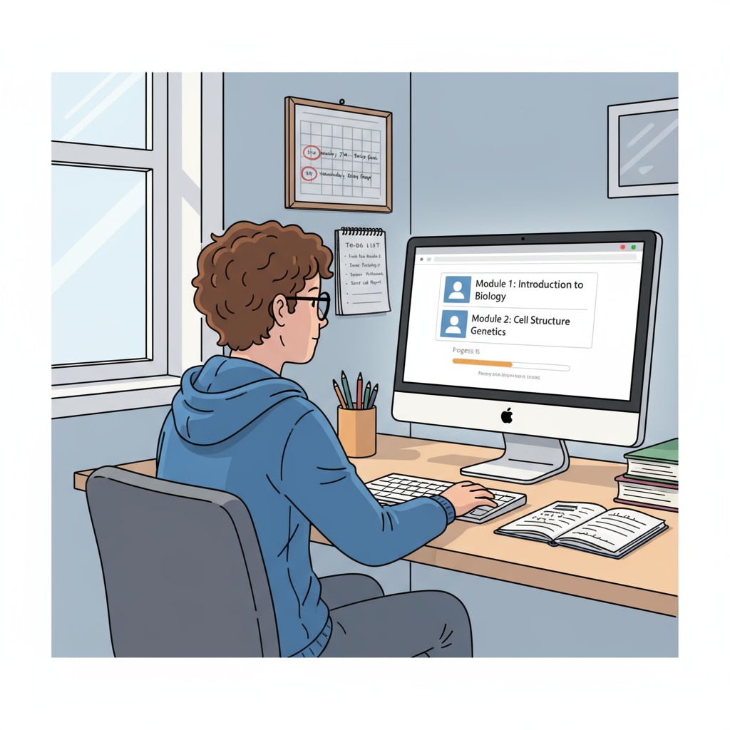 A teen is sitting at a study desk, looking intently at a computer screen where an online learning course is displayed. There is a calendar with marked study times and a to-do list beside the computer. A teenager engaged in online learning, emphasizing the importance of self-discipline and time management.