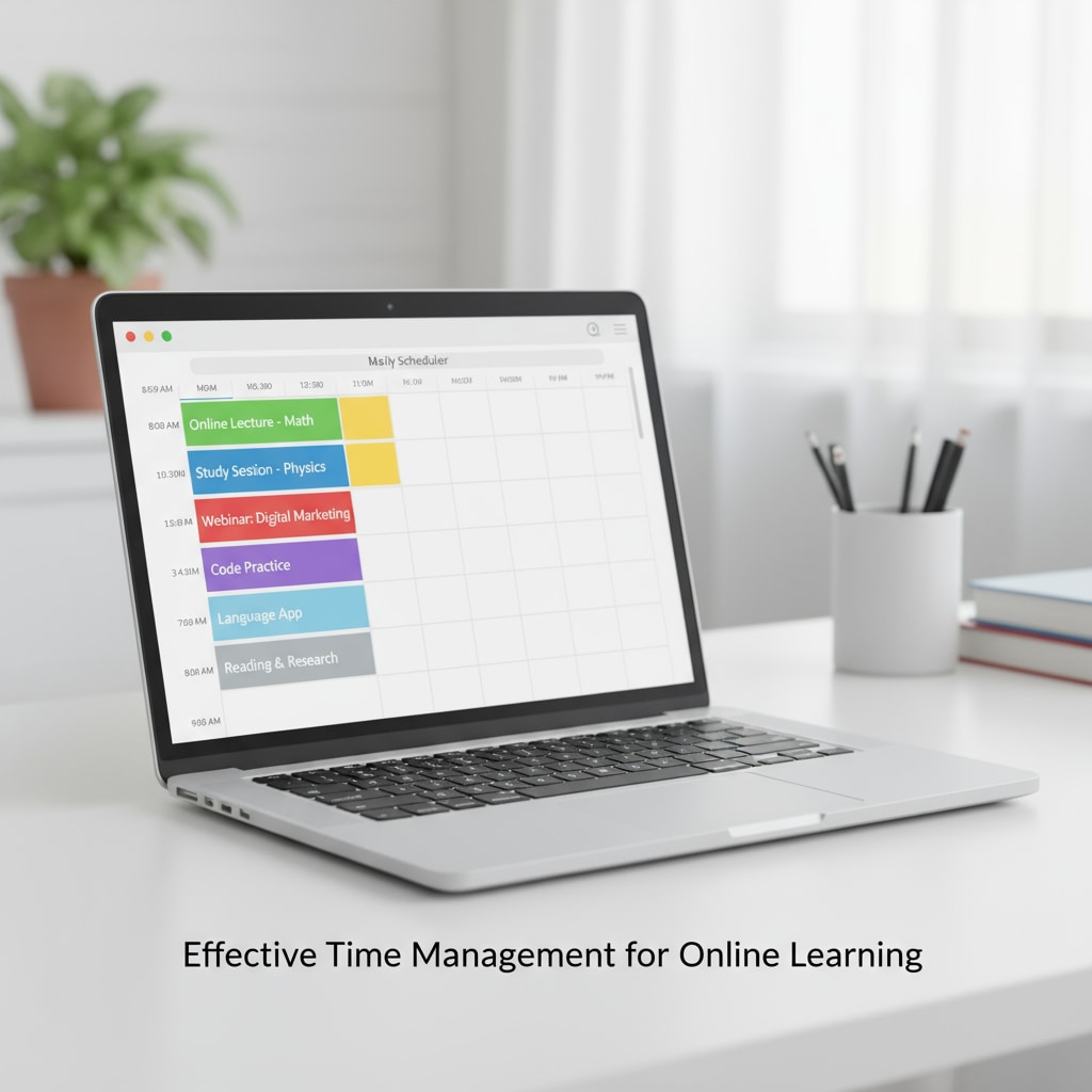 A student is shown on a laptop, using a digital calendar application. The calendar has different tasks and study sessions scheduled throughout the day, highlighting the importance of time management in online learning. A student utilizing a digital calendar for effective time management during online learning.