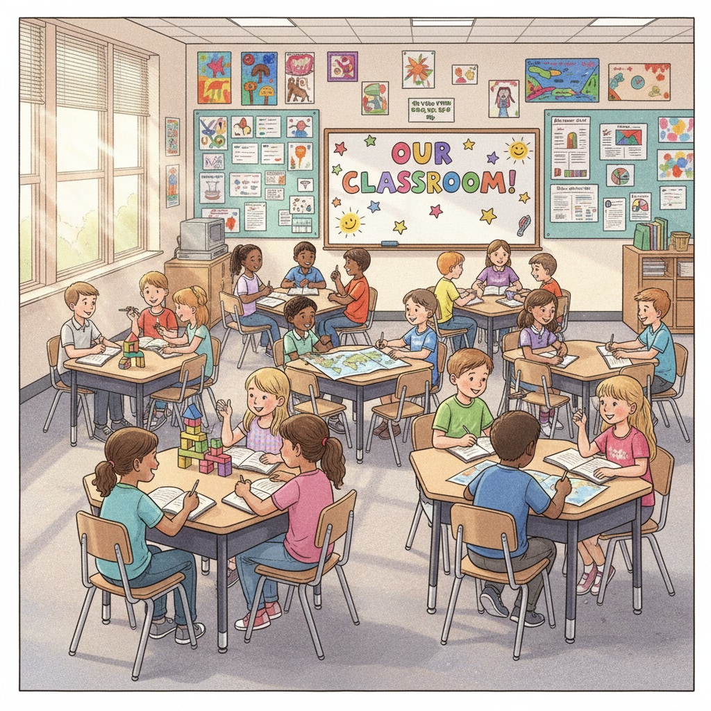 A classroom scene in an American K12 school, students are actively discussing in groups. The desks are arranged in a way that promotes interaction, and the walls are decorated with students' works. Classroom scene in an American K12 school related to US and Chinese education systems comparison