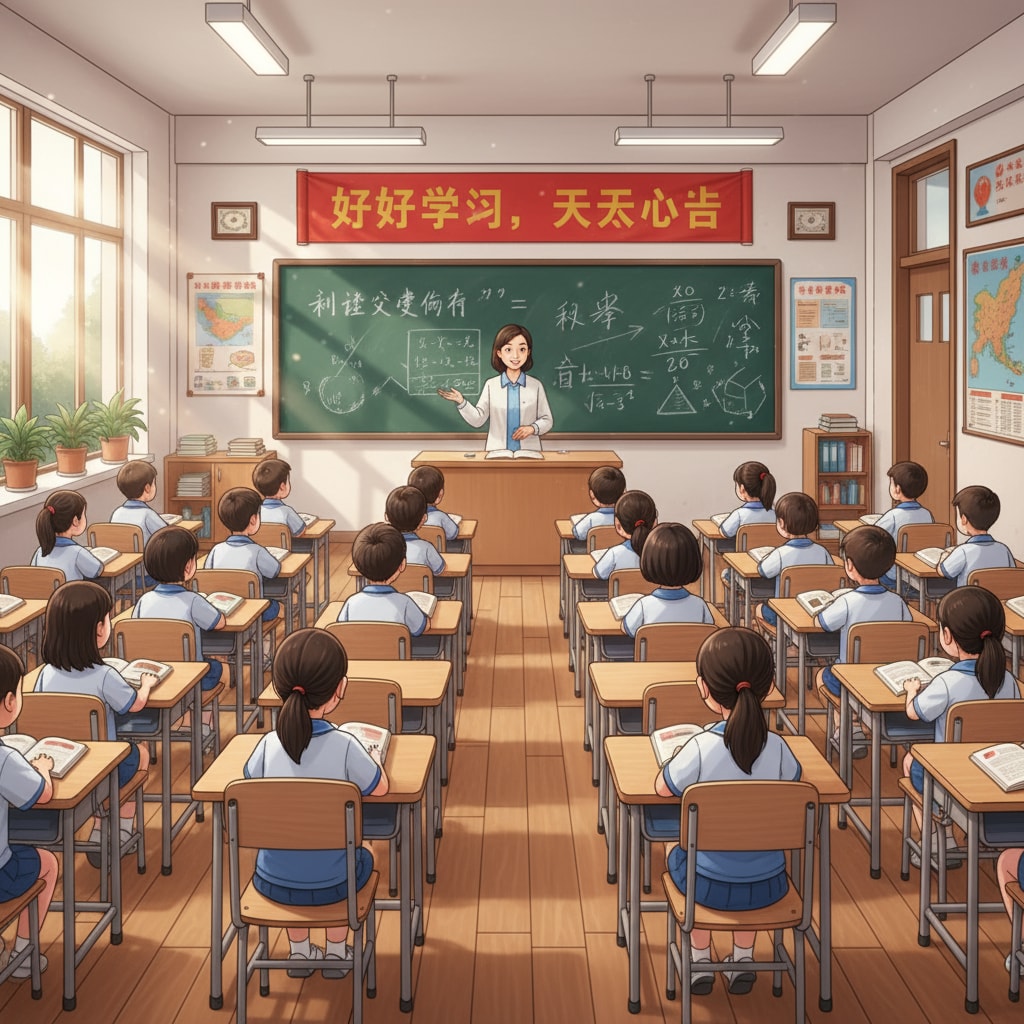 A Chinese K12 classroom, students are listening attentively to the teacher. The classroom is neatly arranged, and the blackboard is filled with teaching content. Classroom scene in a Chinese K12 school related to US and Chinese education systems comparison