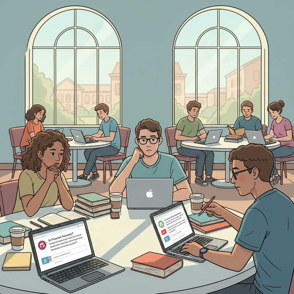 A scene showing students in a study environment, some using laptops with ChatGPT open, looking thoughtful as they work on academic tasks. Students using ChatGPT in an academic setting while grappling with academic integrity issues