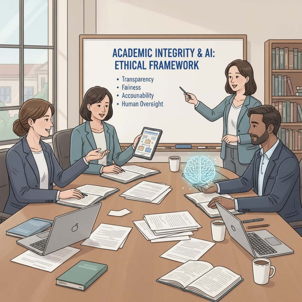 A group of educators sitting around a table, writing and discussing guidelines for the ethical use of AI in academic integrity. Educators formulating guidelines for AI use related to academic integrity