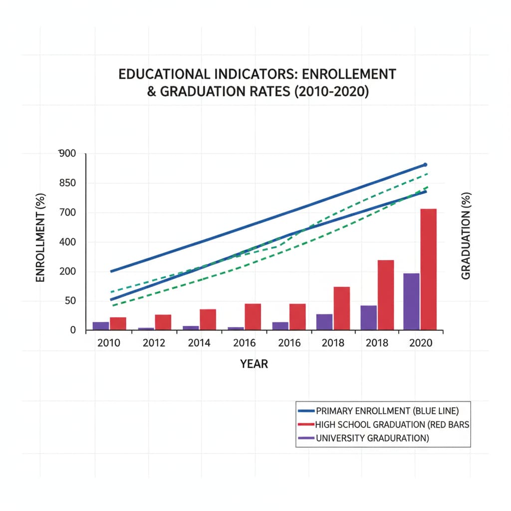 A graph presenting various education indicators like enrollment and graduation rates to illustrate school statistical data. Graph showing school statistical data related to enrollment and graduation rates