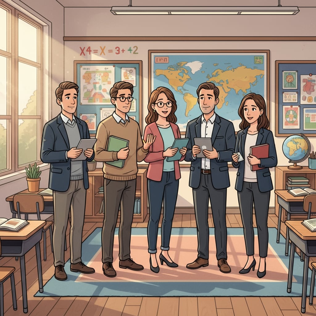 A group of teachers standing in a warm classroom, looking a bit uncomfortable but still maintaining a professional demeanor Teachers in a hot classroom with no air conditioning, considering appropriate dress