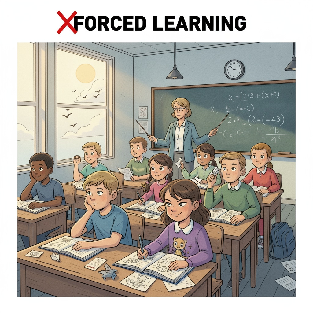A classroom scene where students look bored during a forced learning session. Students are sitting at their desks, some looking out of the window, some doodling, showing a lack of engagement. Bored students in a compulsory learning classroom related to school systems and education policies