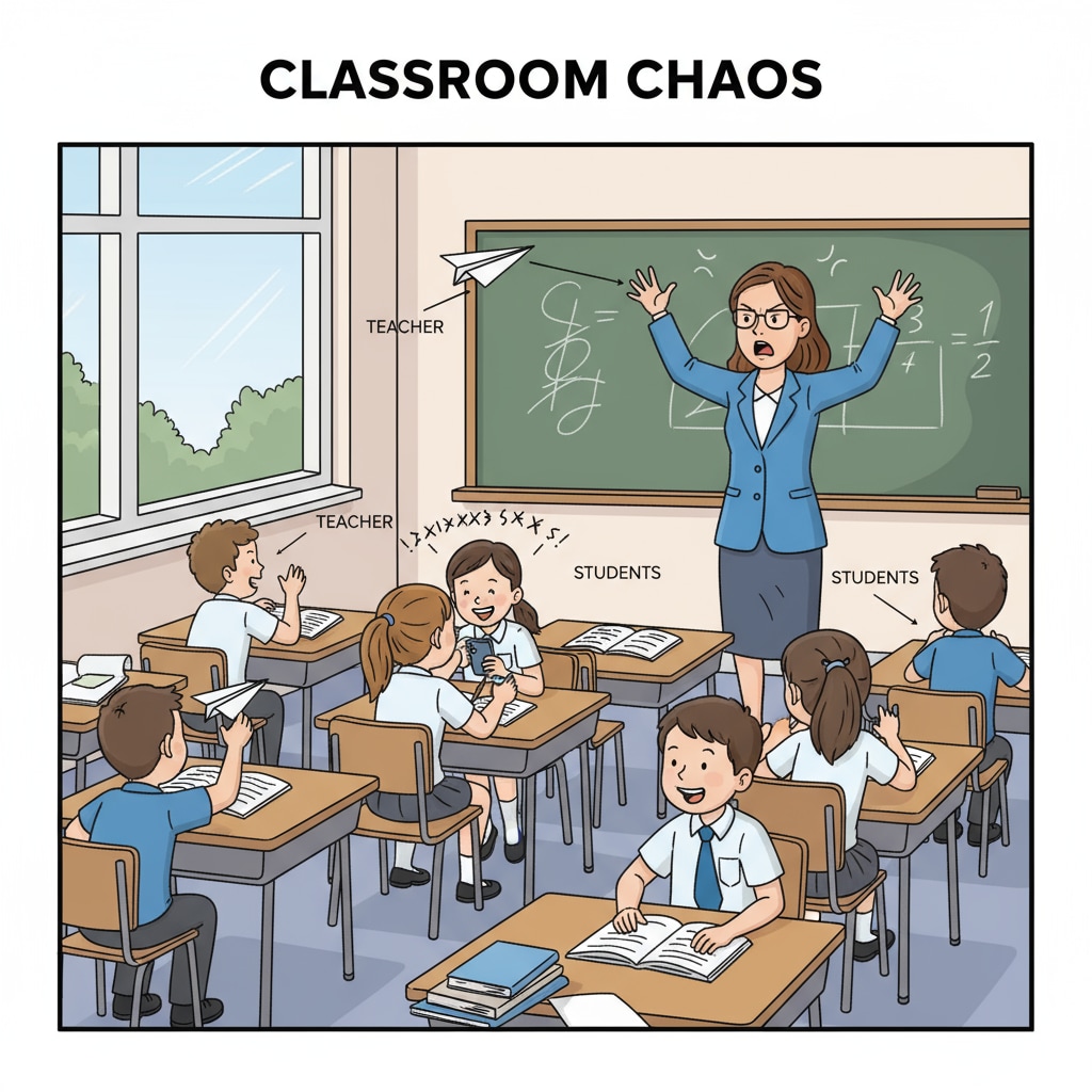 A teacher trying to manage unruly students in a classroom. The teacher is standing at the front, looking frustrated, while students are talking loudly and not paying attention. Teacher struggling with discipline in a classroom within the context of compulsory learning and education policies