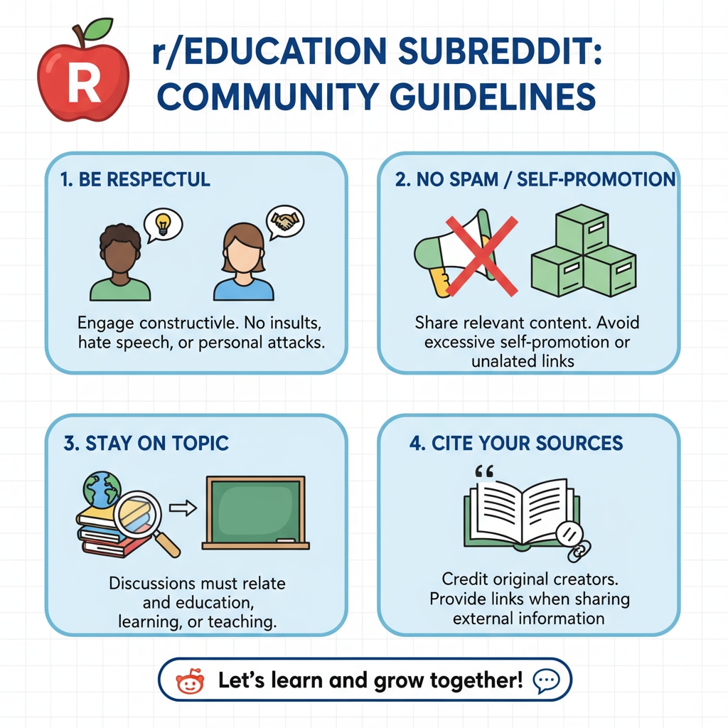 Infographic of Reddit education subreddit community rules related to educational community rules, Reddit education network, and educational resource navigation