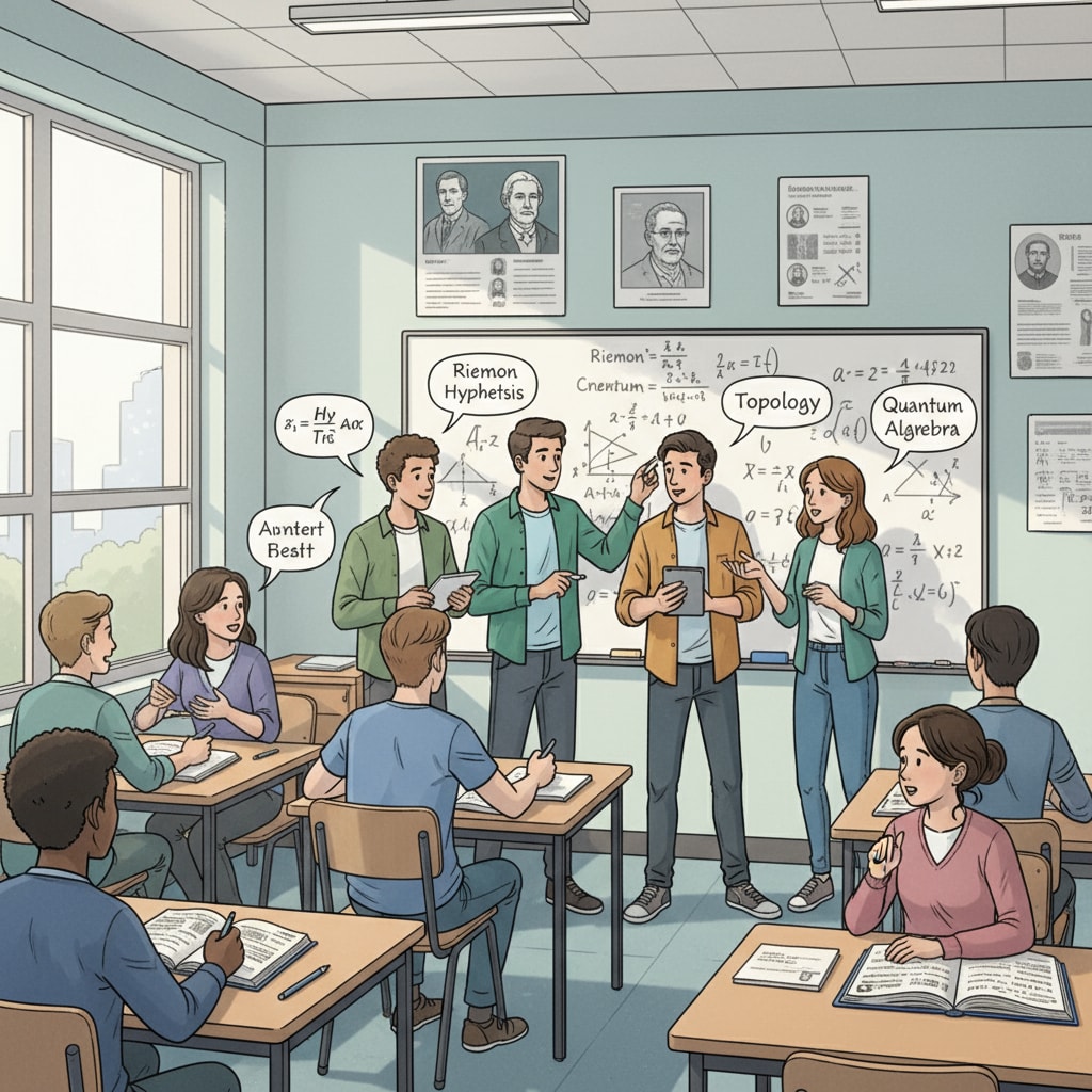 A classroom scene where students are discussing advanced math problems Students discussing advanced mathematics in a K12 classroom setting related to mathematics education and practicality