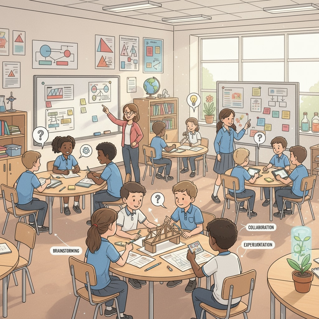 A classroom filled with students actively participating in a project-based learning activity, discussing ideas, and working together. Students engaged in practical learning to develop entrepreneurial spirit in K-12 education