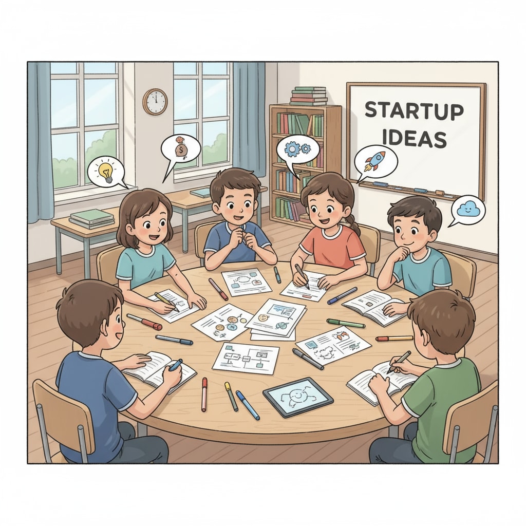 A group of young students gathered around a table, brainstorming ideas for a startup, with papers and markers scattered around. Students brainstorming as part of practical learning for entrepreneurial development in K-12