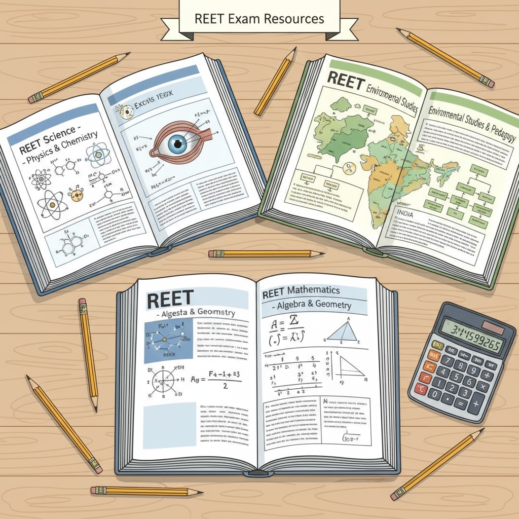 A set of open science and math textbooks with pencils and a calculator on a desk, representing study resources for REET exams Study resources for Grade 3 REET Exams in Science and Math