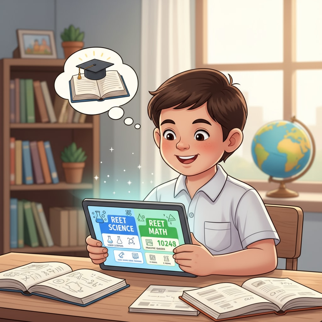 A child using a tablet to access online study resources for REET science and math exams Child accessing online resources for Grade 3 REET Exams in Science and Math