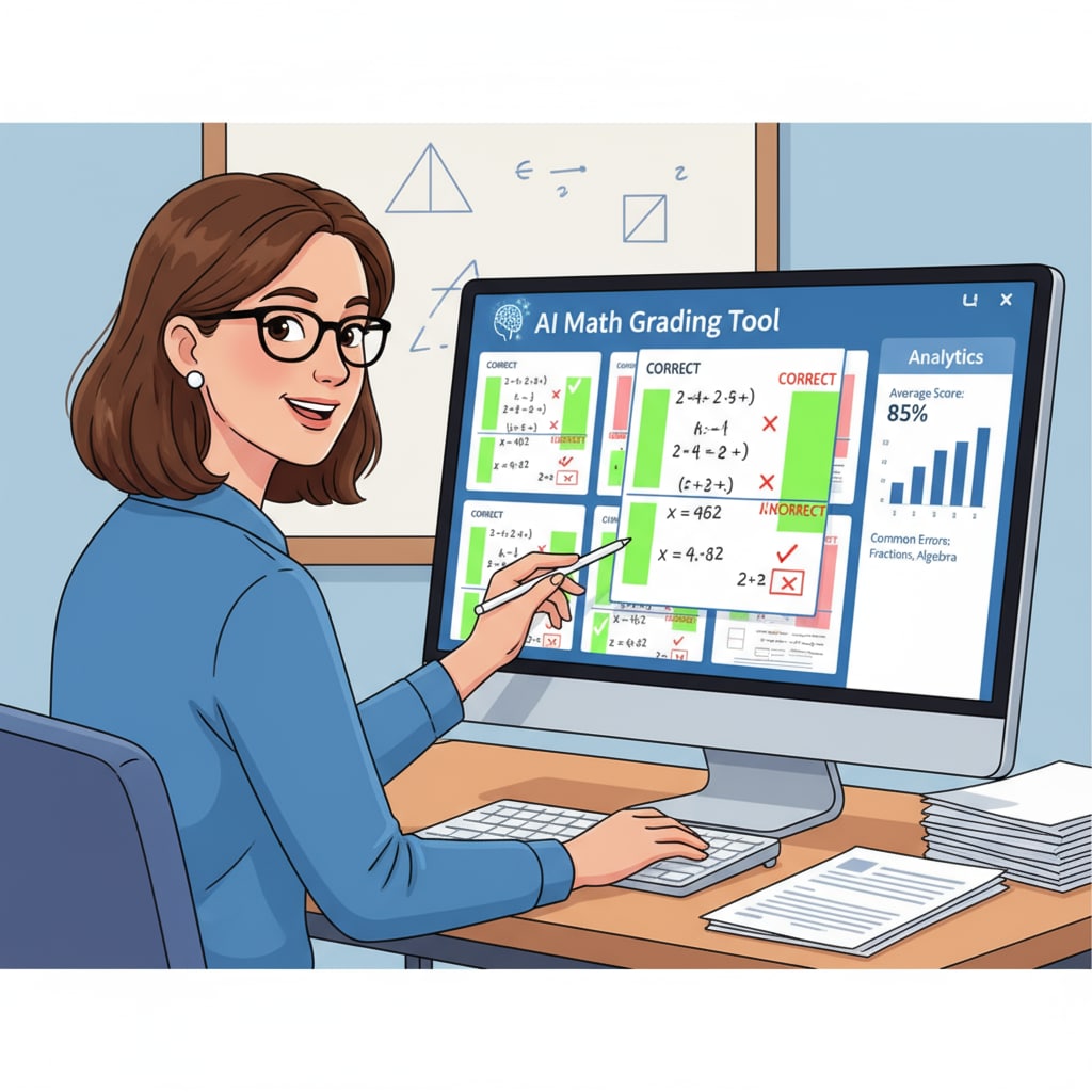 An illustration depicting a teacher sitting in front of a computer, using an AI math grading tool to grade students' assignments. The screen shows the interface of the grading tool highlighting correct and incorrect answers. A teacher using an AI math grading tool to reduce workload