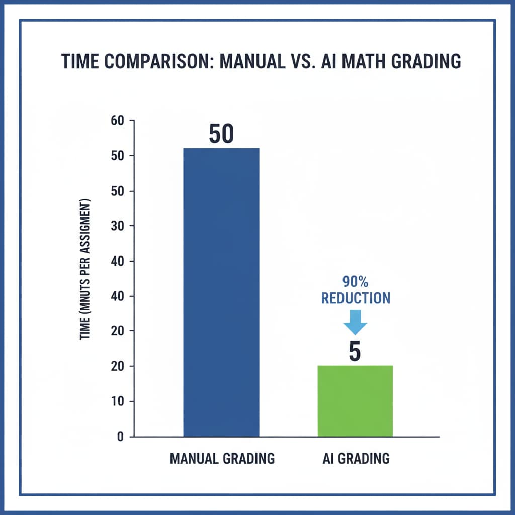 A bar graph comparing the time taken for manual math grading and AI math grading. The bars clearly show a significant reduction in time with the use of AI. Graph showing reduction in grading time with AI math grading tools