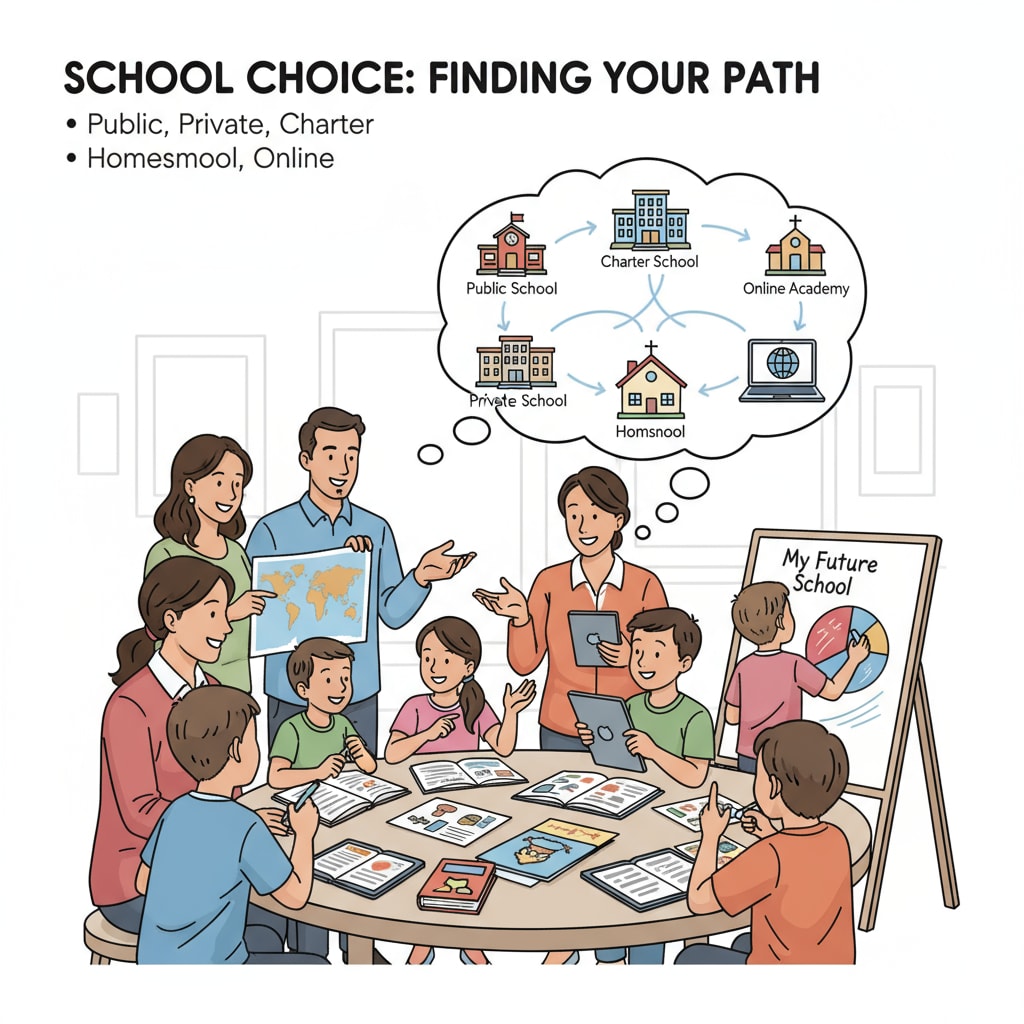 Parents and children discussing school choice in the context of conservative views on education policy