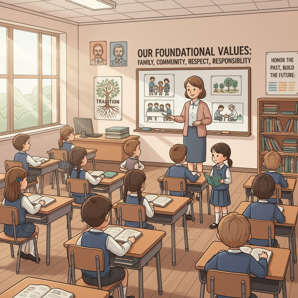 Classroom scene with students learning traditional values related to conservative stances on education policy