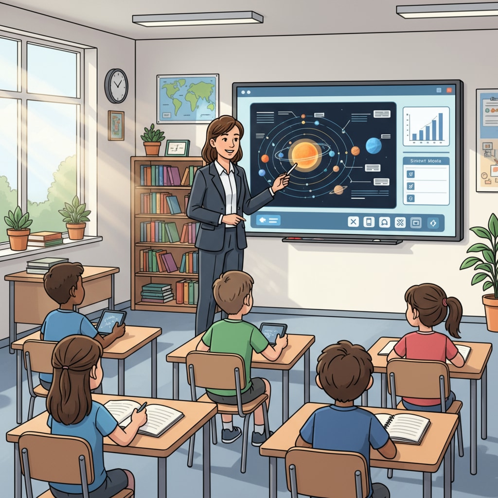 A classroom scene where a teacher is using digital tools to teach students. The teacher is standing in front of an interactive whiteboard, showing educational content on it, and students are attentively watching. A classroom with technology-aided teaching for educational innovation