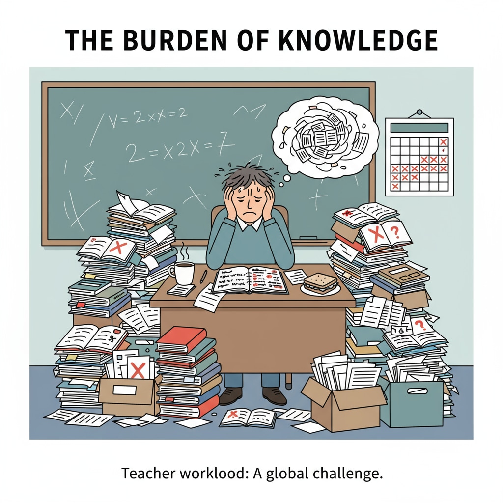 A teacher sitting at a desk, surrounded by piles of papers and books, looking stressed. There are notebooks, textbooks, and ungraded assignments on the desk, indicating the heavy workload. A stressed teacher under heavy workload