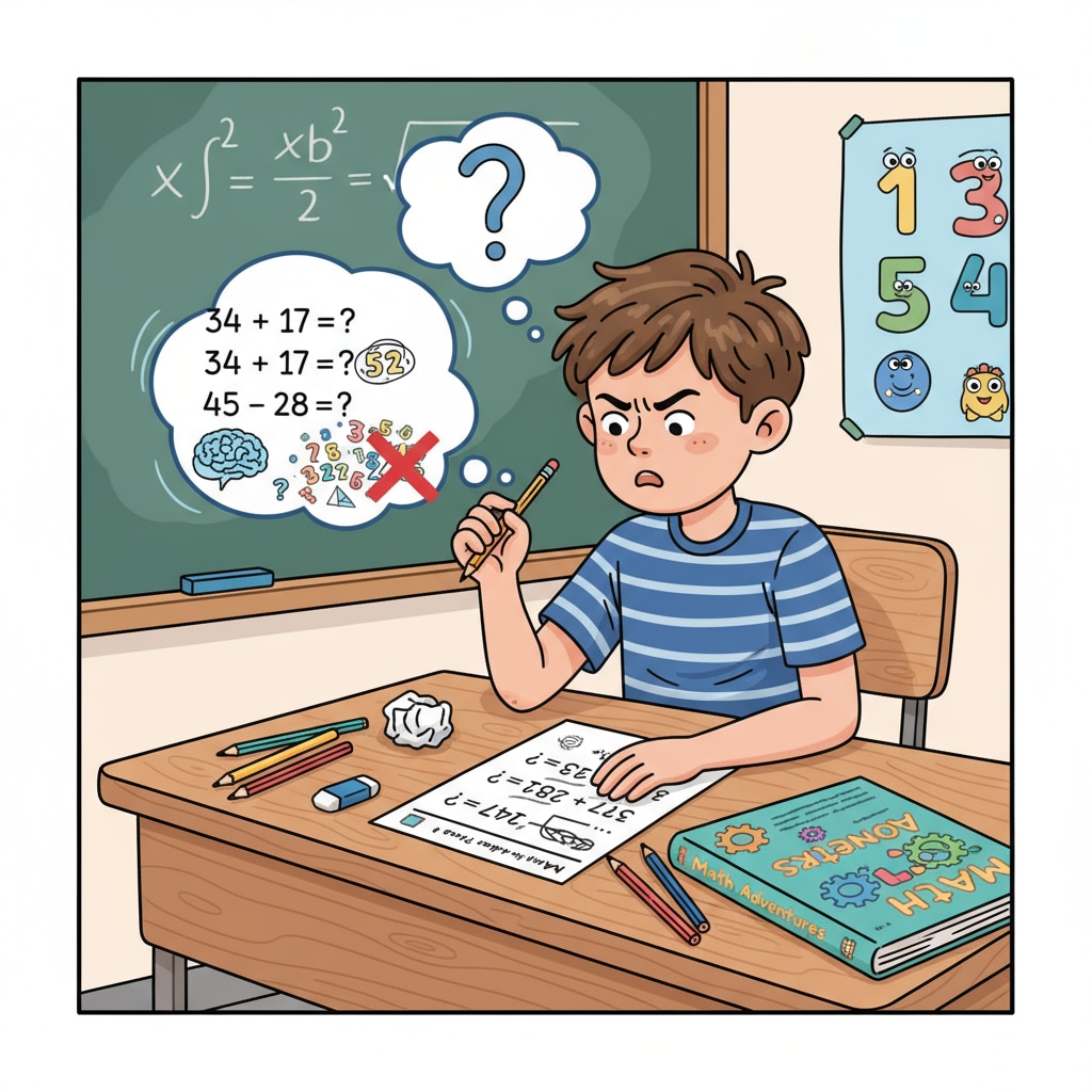 A child is sitting at a desk, looking confused as they try to solve a math problem on a worksheet, indicating potential difficulties in math learning. A child with a weak math foundation facing challenges while attempting a math problem for learning and ability improvement