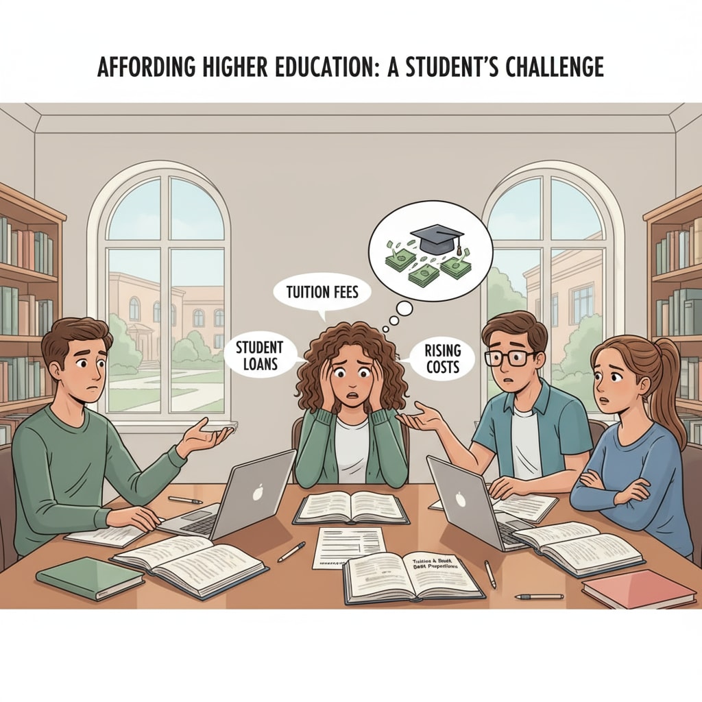 A group of students is sitting around a table, books open, but some have worried expressions on their faces, likely due to concerns about affording tuition fees. Students in economic hardship worried about tuition fees on a GoFundMe related situation