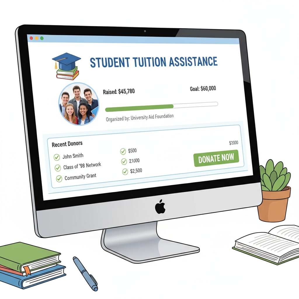 A computer screen displays a GoFundMe campaign page that is successfully raising funds for student tuition assistance, with progress bars and donor names visible. A successful GoFundMe campaign page for helping students with tuition fees