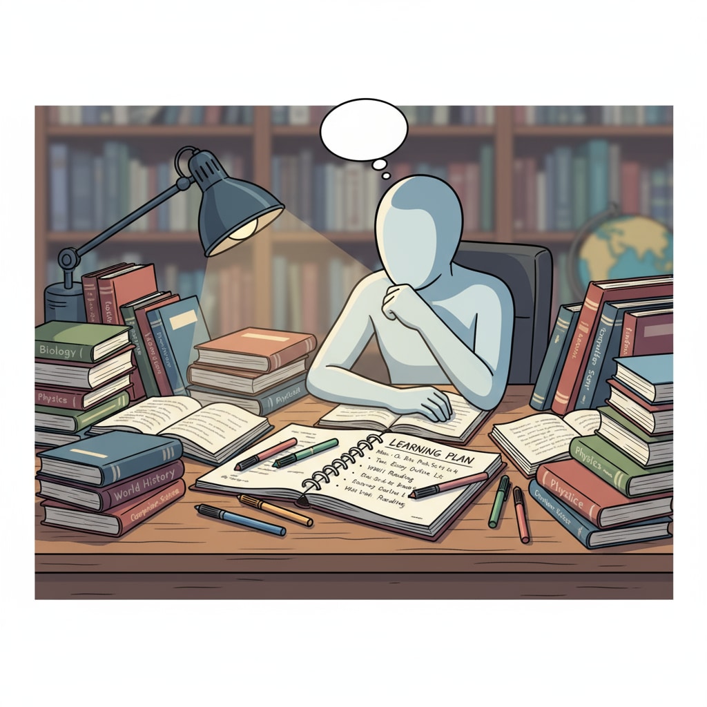 A student sitting at a desk, surrounded by books from various subjects, with a notebook open showing a learning plan. A student engaged in multidisciplinary learning, focusing on a self-created learning plan.