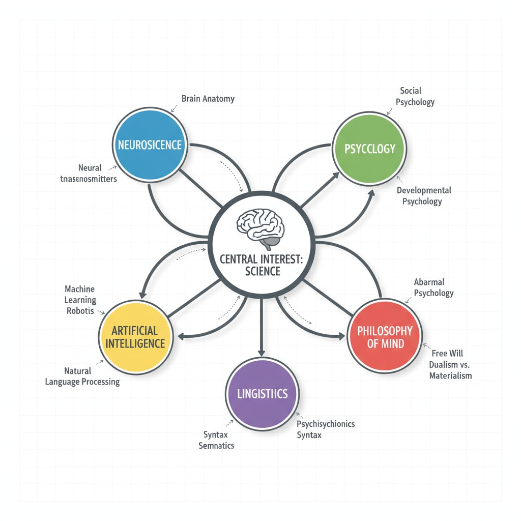 A mind map with different subjects branching out from a central interest point. A mind map representing the exploration of multidisciplinary knowledge based on personal interests.