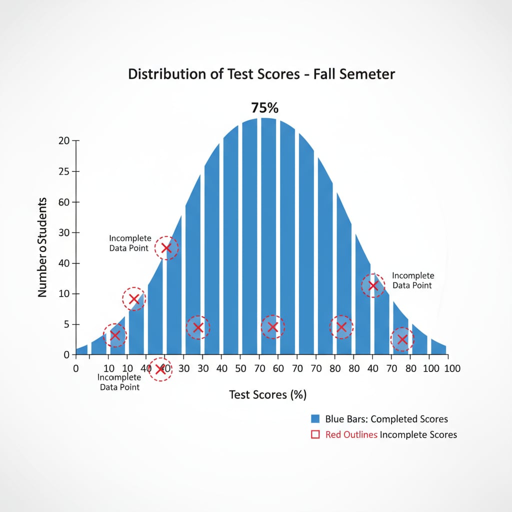 A graph showing a distribution of test scores with some data points marked as incomplete. Graph of test scores with incomplete data points related to datasets, test scores, outliers