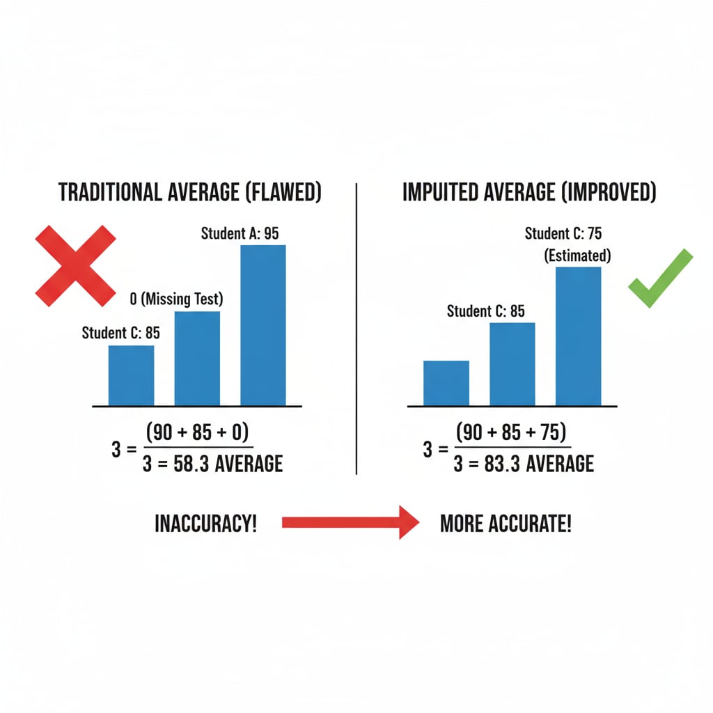 A visual illustration demonstrating how traditional data handling methods can lead to inaccuracies when dealing with incomplete test scores. Visual representation of inaccurate traditional data handling for incomplete test scores in relation to datasets, test scores, outliers