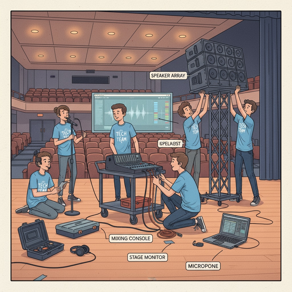 A group of technology team members are busy setting up sound equipment in a school auditorium, getting ready for an upcoming performance. Technology team setting up sound equipment for a school performance related to art education