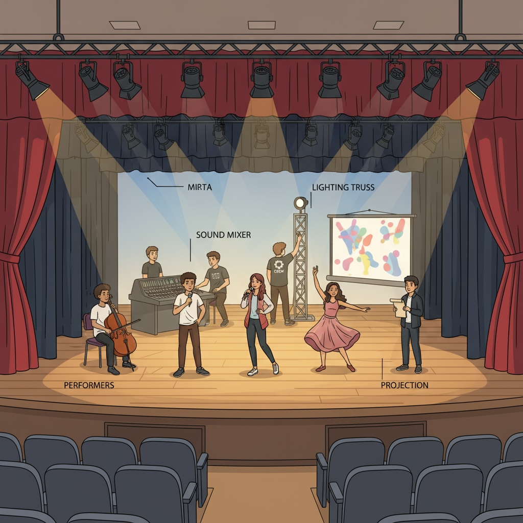 Students are performing on a stage that has been expertly set up by the technology team. The lighting is perfect, and the stage looks inviting. Students performing on a well-equipped stage as part of art education with the help of technology teams