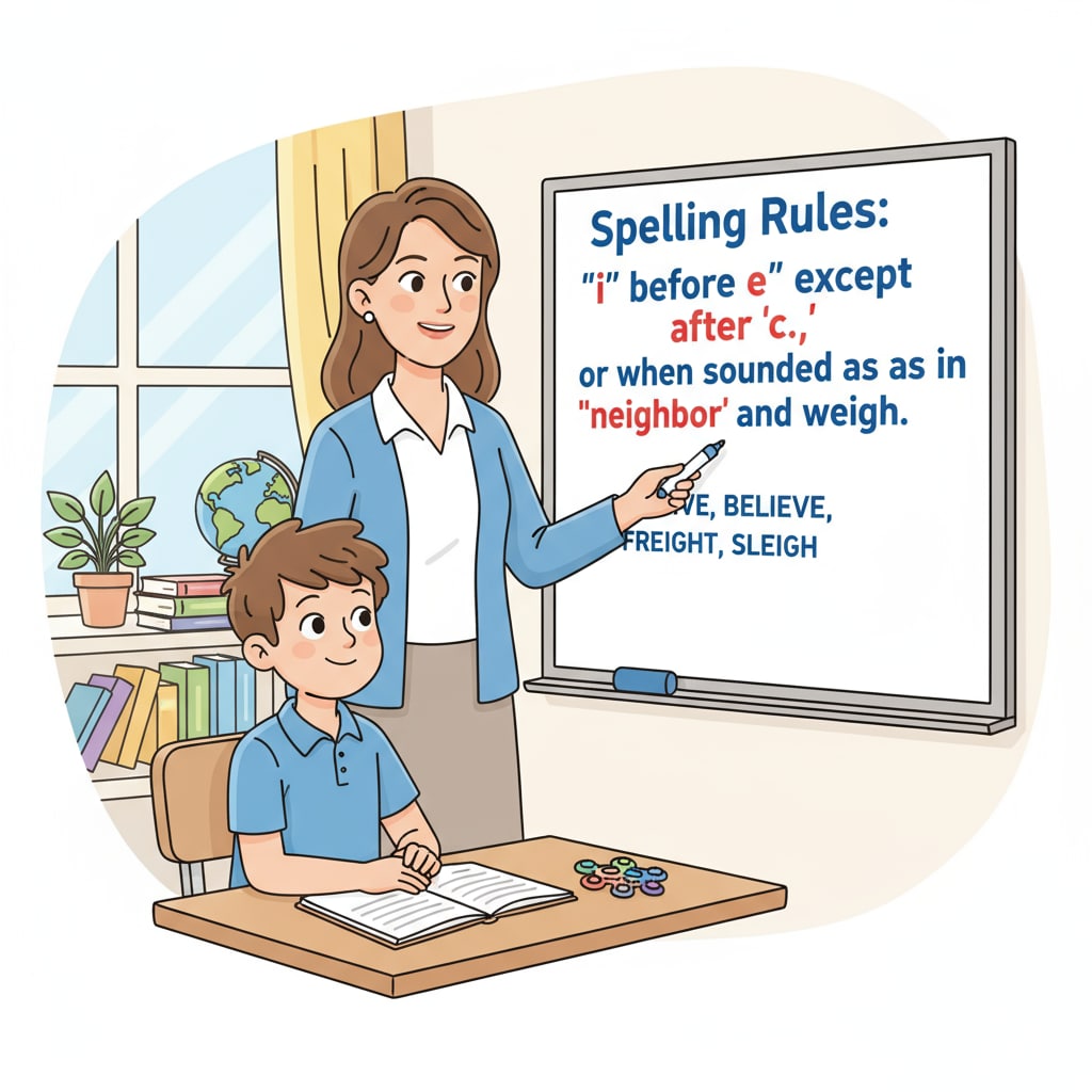 A teacher explaining spelling rules to an ADHD child to improve spelling learning