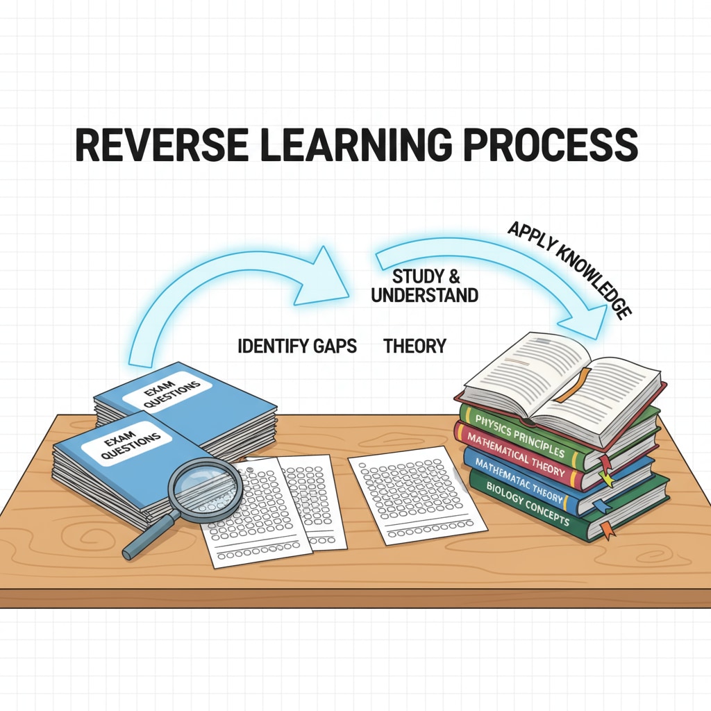 An illustration showing a student sitting at a desk, with exam questions on one side and theory books on the other, using arrows to depict the reverse learning process. A visual representation of the reverse learning method for theoretical subjects, suitable for attention-deficit and practical learners.