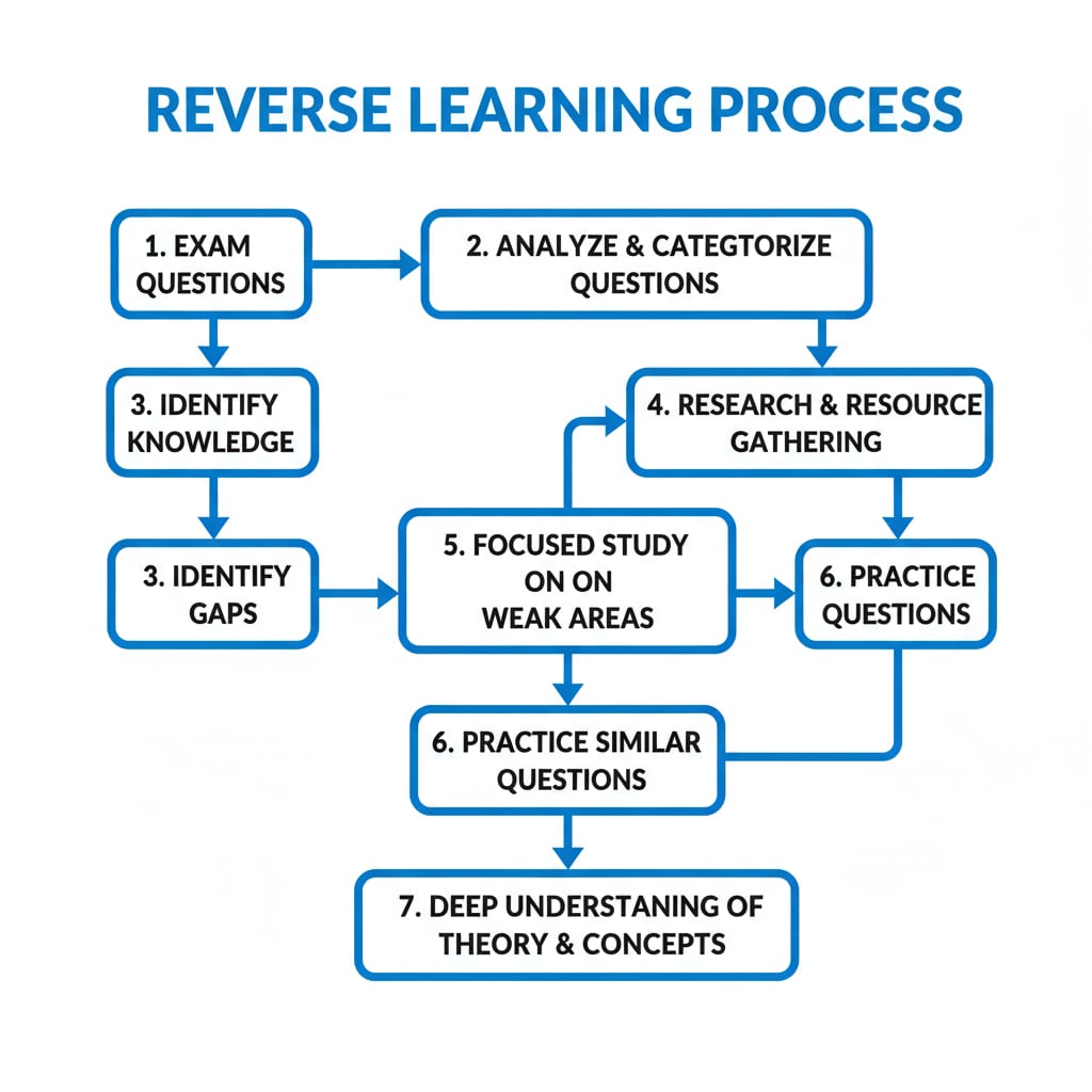 A diagram with boxes and arrows, demonstrating the step-by-step process of reverse learning, starting from exam questions and leading to understanding of theory. Diagram of the reverse learning strategy for attention-deficit and practical learners in theoretical subjects.