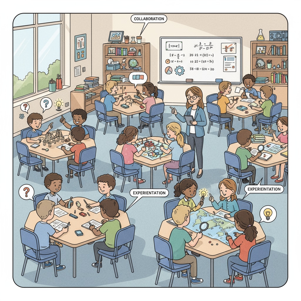 A classroom scene where students are actively participating in hands-on projects, discussing ideas and collaborating. Students engaged in practical learning for entrepreneurial spirit in K-12 education reform.