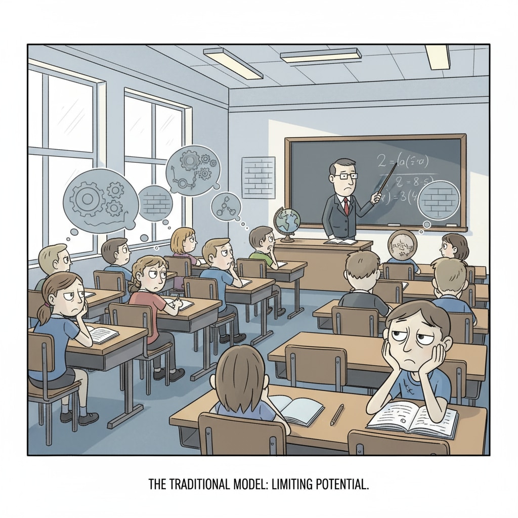 A traditional classroom setup with students sitting at desks, looking unenthusiastic, representing the limitations of the current education system. Students in a traditional K-12 classroom highlighting the need for education reform for entrepreneurial spirit.