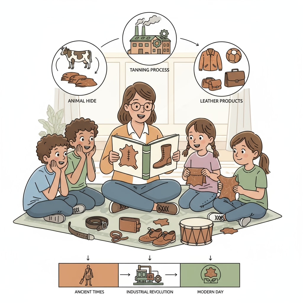 A group of children sitting around, listening attentively to an adult telling a story about leather. Children listening to a leather-related story in an educational setting