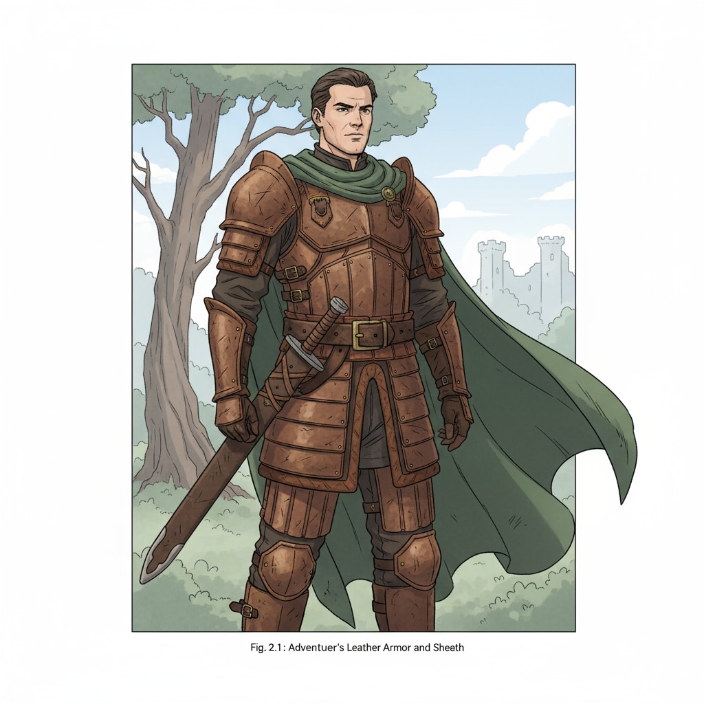 An illustration showing a character in a fantasy story wearing leather armor and carrying a leather sword sheath. An illustration of a character in a leather-themed story